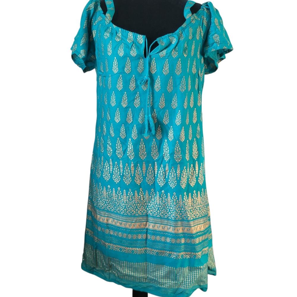 NWT Lapogee Bohemian Dress Size Large Teal Gold Indian Off Shoulder Boho Summer